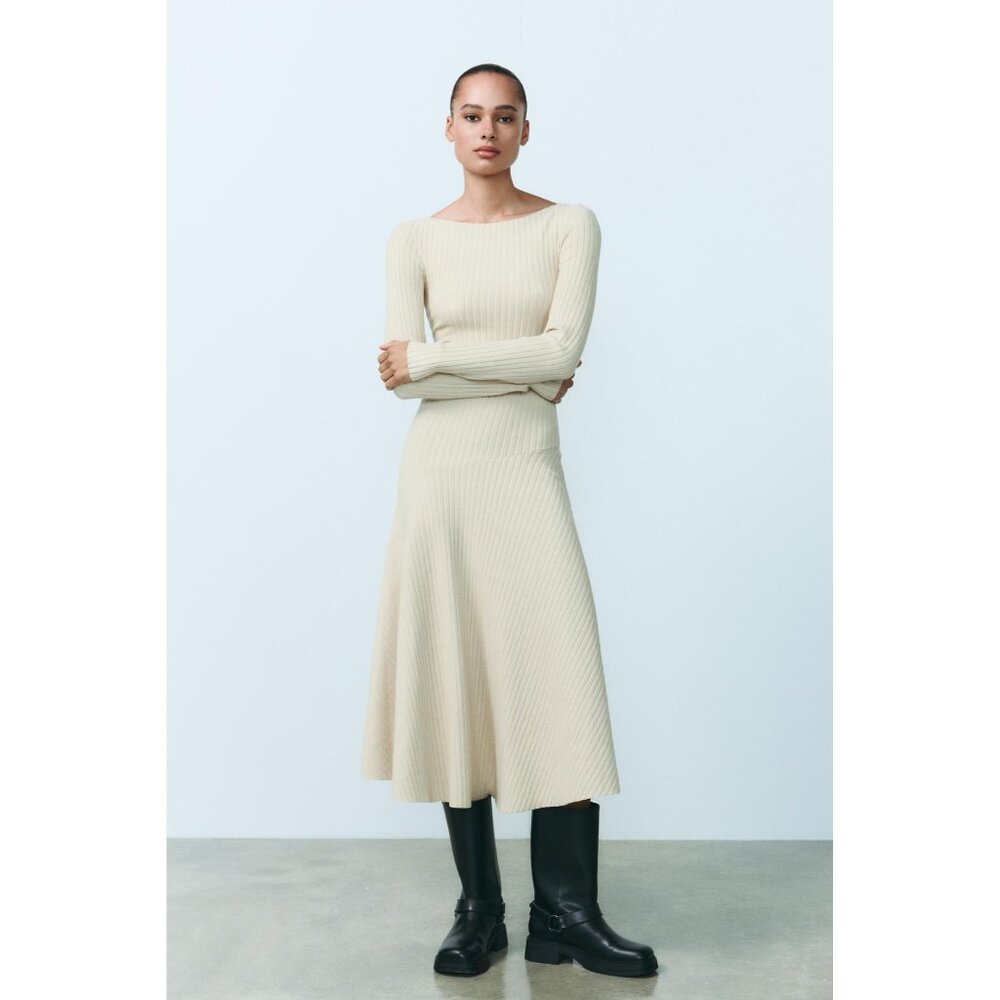 ZARA Soft Ribbed Long Sleeve Midi Dress Sz M Ecru